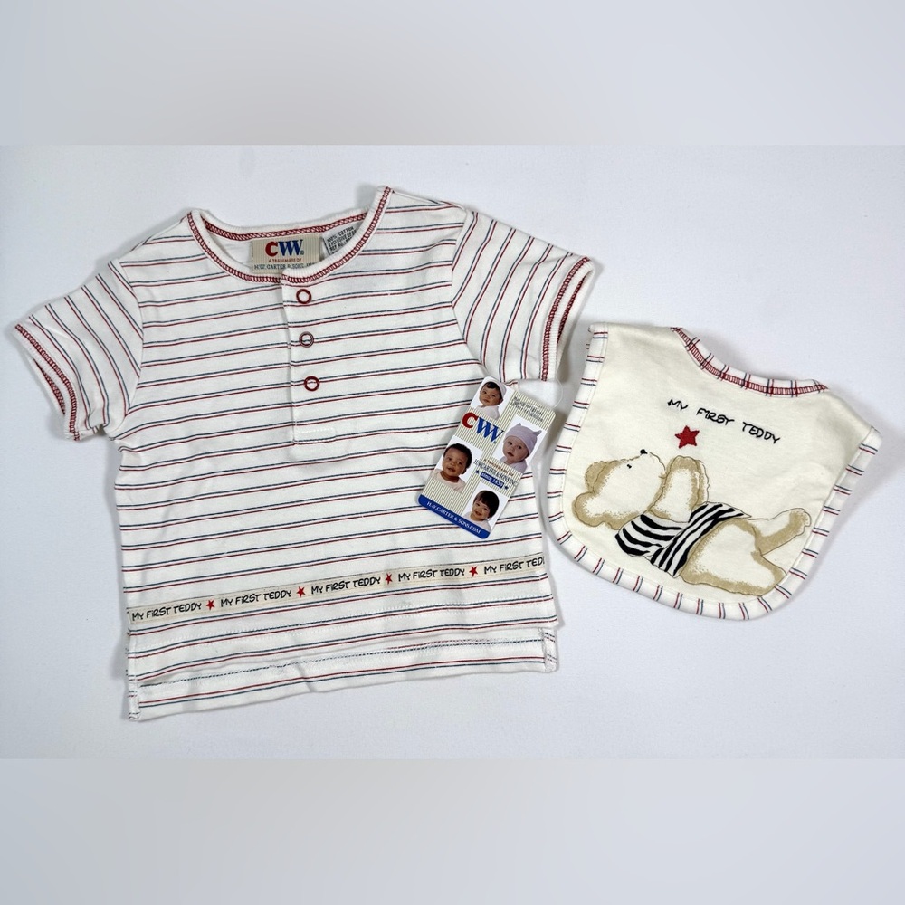NWT CW CARTER’S Baby “My First Teddy” Matching‎ Striped Shirt and Bib Set 0-3M